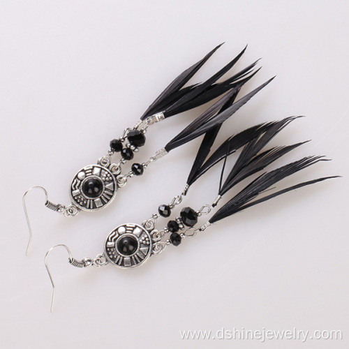 Black Feather Earrings Alloy Pendant Crystal Hook Earrings